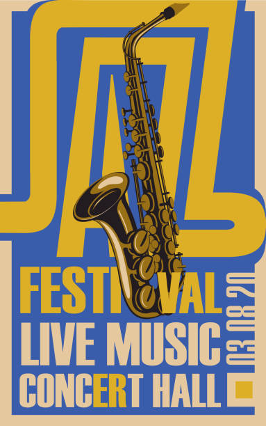 ilustraciones, imágenes clip art, dibujos animados e iconos de stock de cartel para el festival de jazz música en vivo con saxofón - playbill