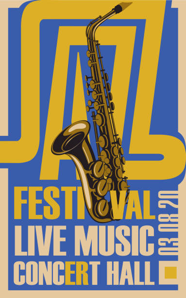 illustrations, cliparts, dessins animés et icônes de affiche pour la musique live du festival de jazz avec saxophone - playbill