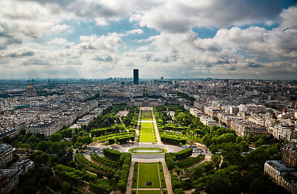 View of Paris looking down the Champs de Mars from the Eiffel Tower.