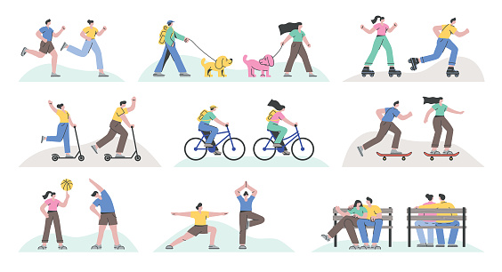 Set of people running, skateboarding, cycling, roller skating, exercising, kick scooting, doing yoga and resting. Fully editable vectors on layers.