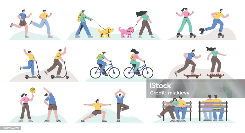 Outdoor recreational activities Set of people running, skateboarding, cycling, roller skating, exercising, kick scooting, doing yoga and resting. Fully editable vectors on layers. Cycling stock vector