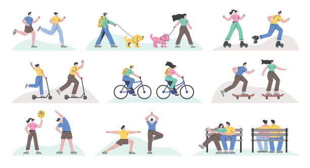 Outdoor recreational activities Set of people running, skateboarding, cycling, roller skating, exercising, kick scooting, doing yoga and resting. Fully editable vectors on layers. outdoors illustrations stock illustrations