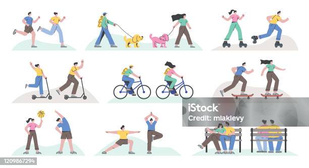 Outdoor Recreational Activities Stock Illustration - Download Image Now - Cycling, People, Illustration