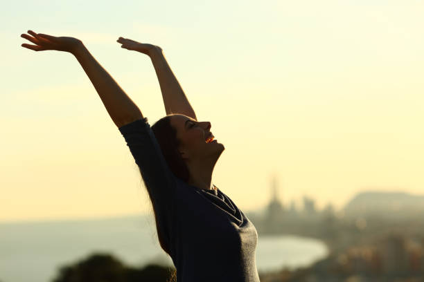 istock Excited woman raising arms on a sunset with backlight 1209867612