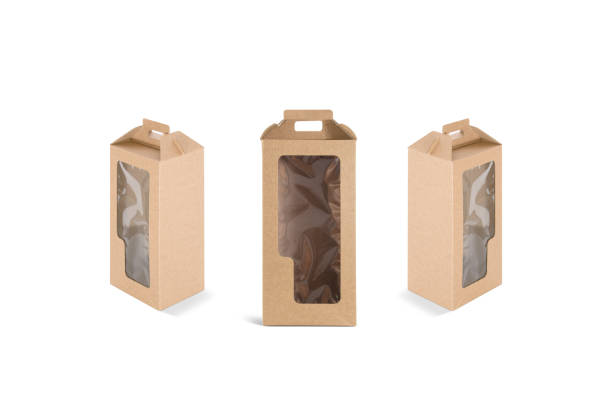 blank craft wine box with plastic window mockup, different sides - drink carton imagens e fotografias de stock