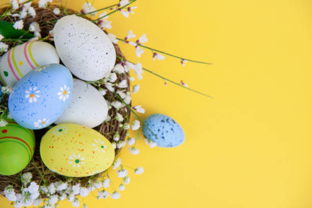 Easter Eggs in a Nest on Yellow Background