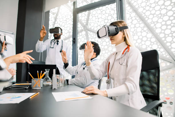 istock science, future technology, medicine and chemistry concept - young multiracial doctors or scientists in white lab coats and vr glasses working with new research, touching to virtual screen 1209870607