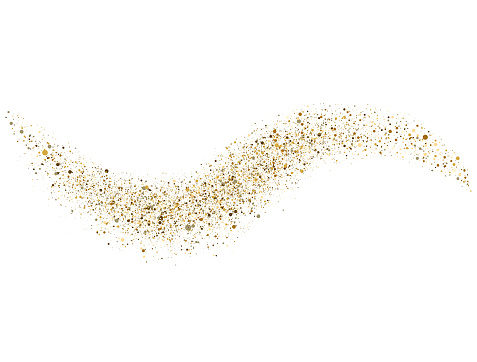 Glitter gold wave on white background. Bright golden stardust trail with sparkling particles. Space comet tail. Vip luxury design template. Vector illustration.