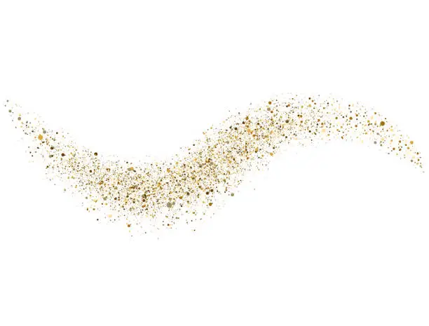 Vector illustration of Glitter gold wave on white background. Bright golden stardust trail with sparkling particles. Space comet tail. Vip luxury design template. Vector illustration