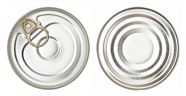Upper and lower views of metal tin can on white Upper and lower views of metal tin can, isolated on white background can bottom stock pictures, royalty-free photos & images