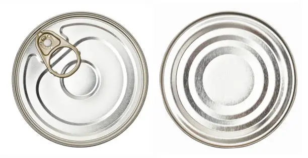 Photo of Upper and lower views of metal tin can on white