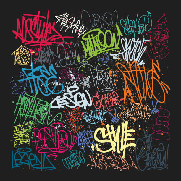 ilustrações de stock, clip art, desenhos animados e ícones de taging on wall. beautiful street art of graffiti - typescript graffiti computer graphic label