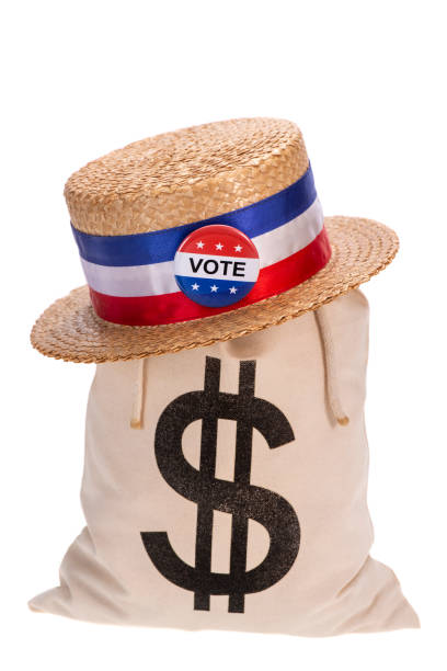 istock Canvas money bag wearing a campaign skimmer hat with VOTE Button 1209877012