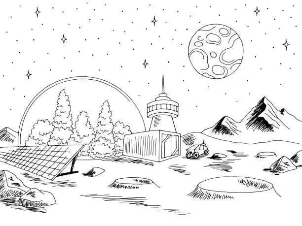 Vector illustration of Colony planet graphic black white space landscape sketch illustration vector