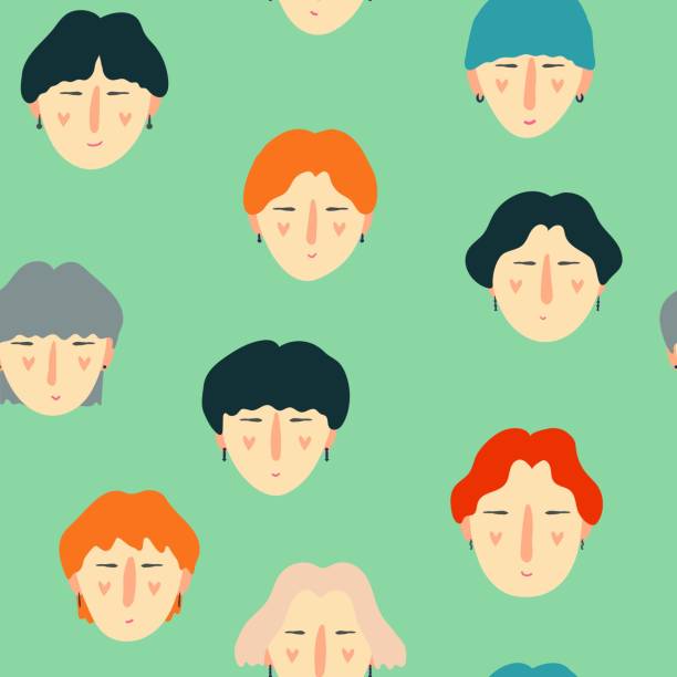 Seamless pattern with asian young men's faces. Heads of korean guys with multicolored hair. Korean popular boy band. Colored music background. Design for textile,fabric, wallpaper.Vector illustration. k pop stock illustrations