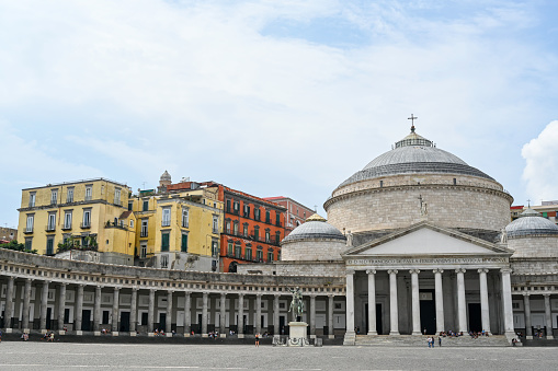 Image of famous Piazza Del Plebiscito city center which is located by the Royal Palace and the church of San Francesco di Paola in the gulf of Naples, Italy, Europe.