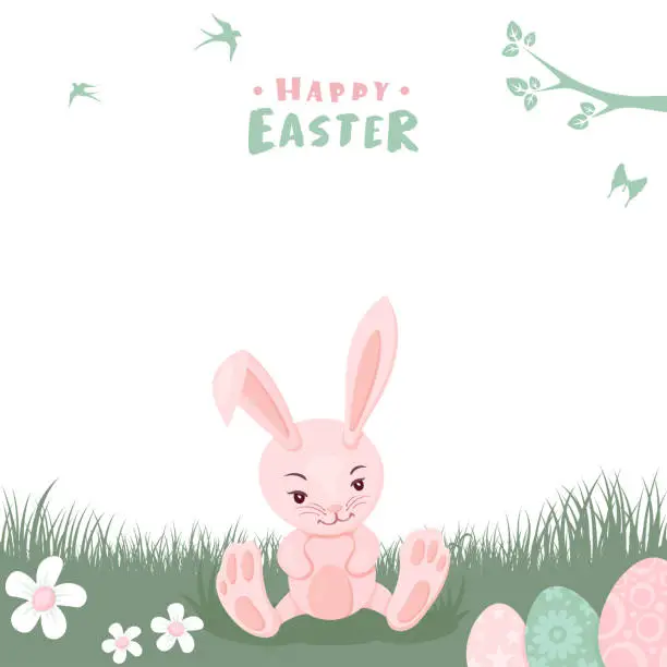 Vector illustration of Easter bunny with big eggs