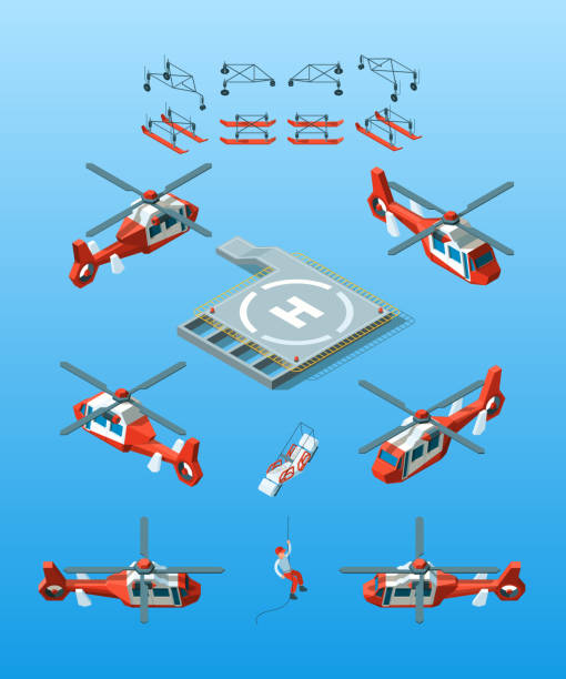 illustrazioni stock, clip art, cartoni animati e icone di tendenza di eliporti. elicottero vettore isometrico aviazione civile set trasporto urbano - helipad