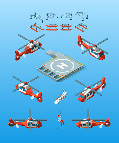 Helipads. Helicopter isometric vector civil aviation set urban transport. Illustration helicopter with lifeguard, transport isometry aviation