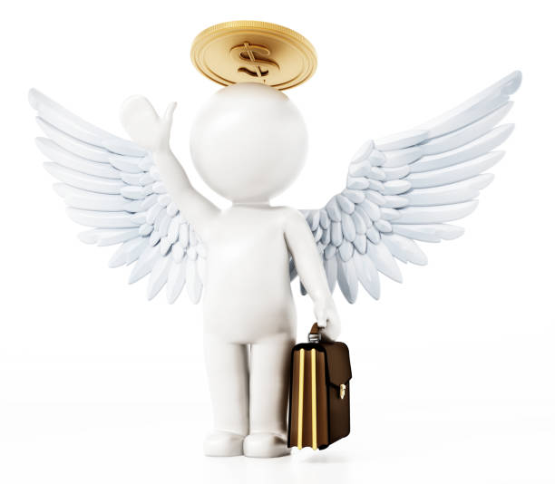 angel investor con ali, valigetta e moneta come alone. illustrazione 3d - fondo raggera foto e immagini stock