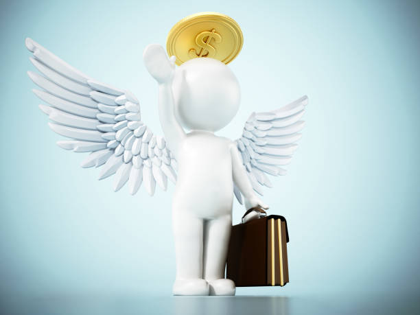 angel investor con ali, valigetta e moneta come alone. illustrazione 3d - fondo raggera foto e immagini stock