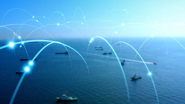ships and communication network concept. maritime traffic. - save oceans imagens e fotografias de stock
