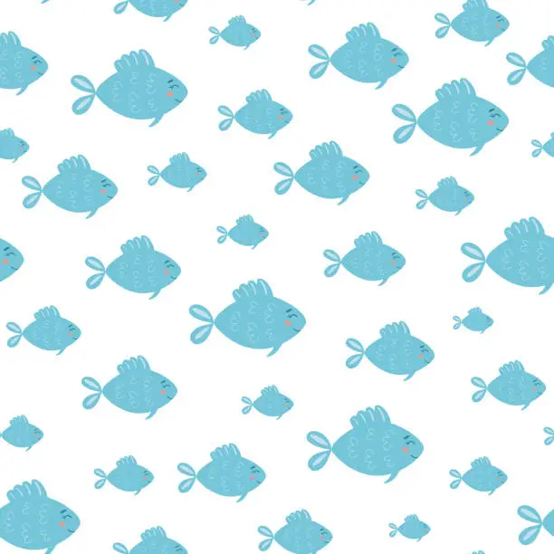 Vector illustration of Sea fish pattern vector Cute cartoon fish baby print Sea life Summer time vacation design white