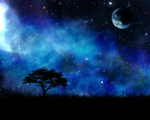 istock 3D landscape with tree against space sky with abstract planet 1209884259