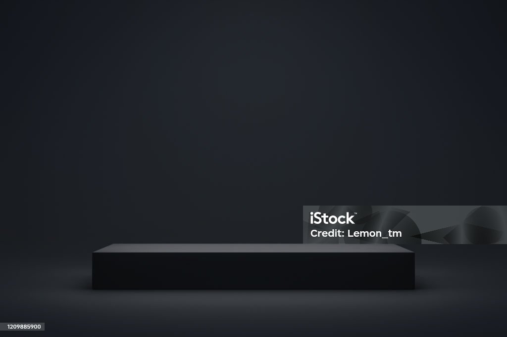 Black podium or pedestal display on dark background with long platform. Blank product shelf standing backdrop. 3D rendering. Black Color Stock Photo