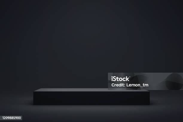 Black Podium Or Pedestal Display On Dark Background With Long Platform Blank Product Shelf Standing Backdrop 3d Rendering Stock Photo - Download Image Now