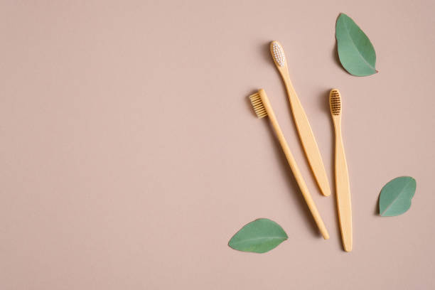 istock Eco-friendly bamboo toothbrushes and green leaves on brown background. Flat lay, top view. Zero waste, plastic free concept. Sustainable lifestyle. 1209886510