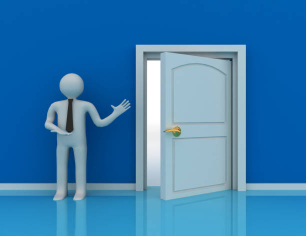 istock 3d people - man, person and a open door 1209887418