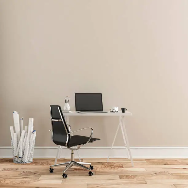 Workdesk with decoration on hardwood floor in front of empty beige wall with copy space. 3D rendered image.