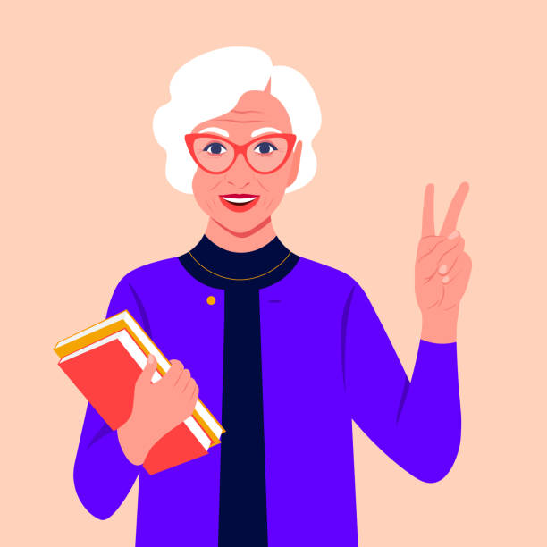 illustrations, cliparts, dessins animés et icônes de une femme âgée avec des livres sourit et montre un signe de victoire. bonne vieillesse. grand-mère. geste de la main. - librarian