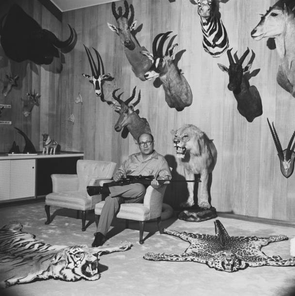 Hunter holding gun sitting beside taxidermy  1964 stock pictures, royalty-free photos & images
