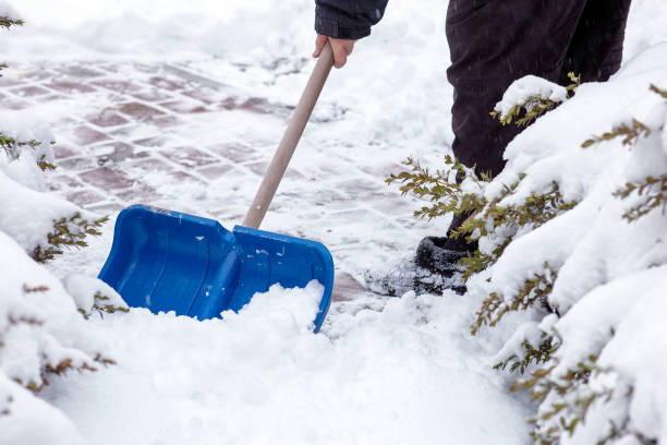 istock Man hands holding shovel and working with snow on the yard. 1209889954