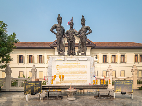 Chiang Mai - Mar 16, 2019: Three Kings Monument located in the center of the city where palaces used to stand.