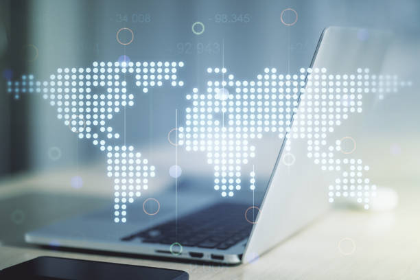 istock Multi exposure of abstract creative digital world map on modern laptop background, tourism and traveling concept 1209893618