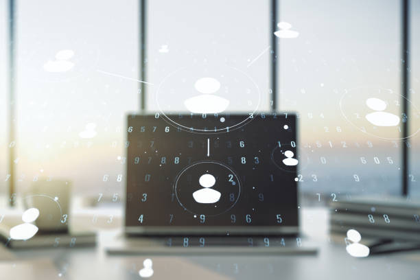 istock Double exposure of social network icons concept with computer on background. Networking concept 1209894141