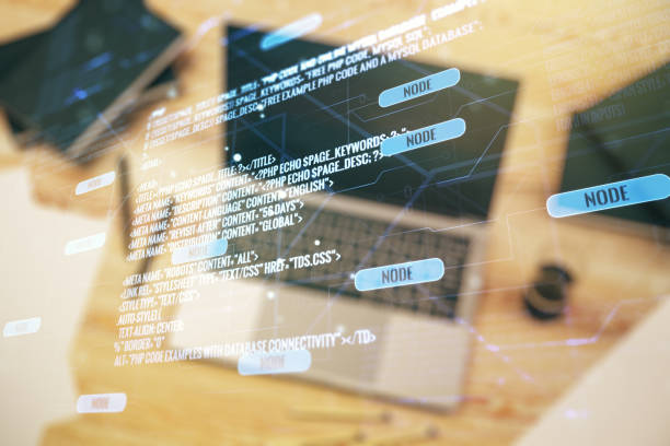 istock Double exposure of abstract programming language on laptop background, research and development concept 1209895486