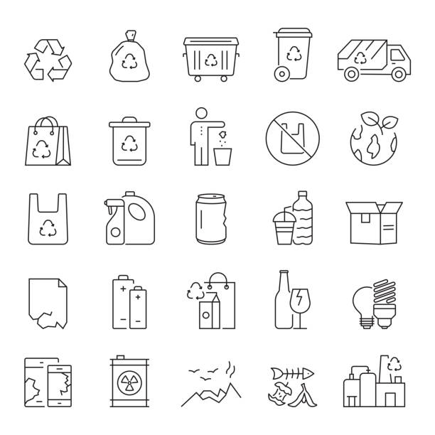 set von recycling, abfallwirtschaft und zero waste related line icons. bearbeitbarer strich. einfache gliederung saum-symbole. - recycling recycling symbol symbol sign stock-grafiken, -clipart, -cartoons und -symbole