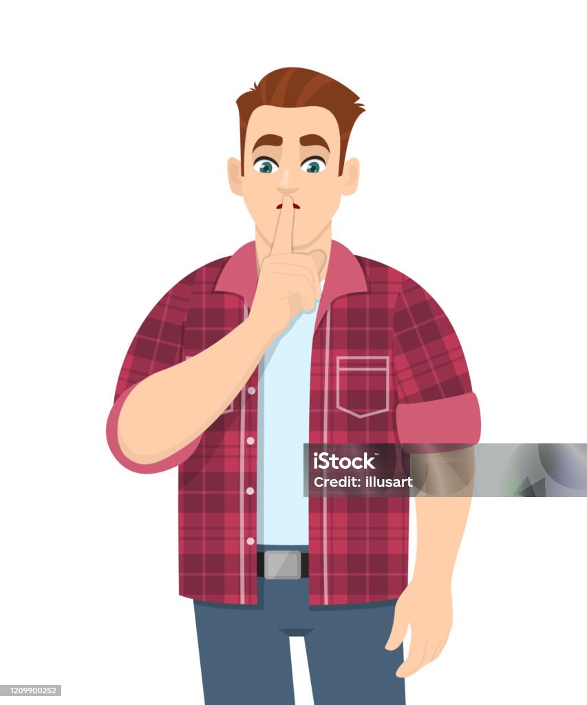 Young Trendy Man Asking Silence Stylish Person Keeping Finger On Lips Keep  Quiet Please Be Silent Male Character Gesturing Sh Sign With Hand On Closed  Mouth Cartoon Illustration In Vector Stock Illustration -