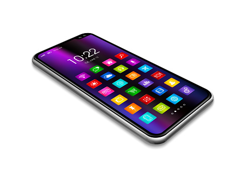 All screen digital realistic smartphone with colorful icon set isolated on white. Perspective view 3D render