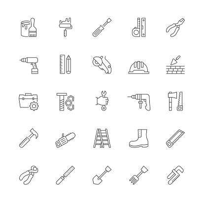 Simple Set of Construction Tools Related Vector Line Icons