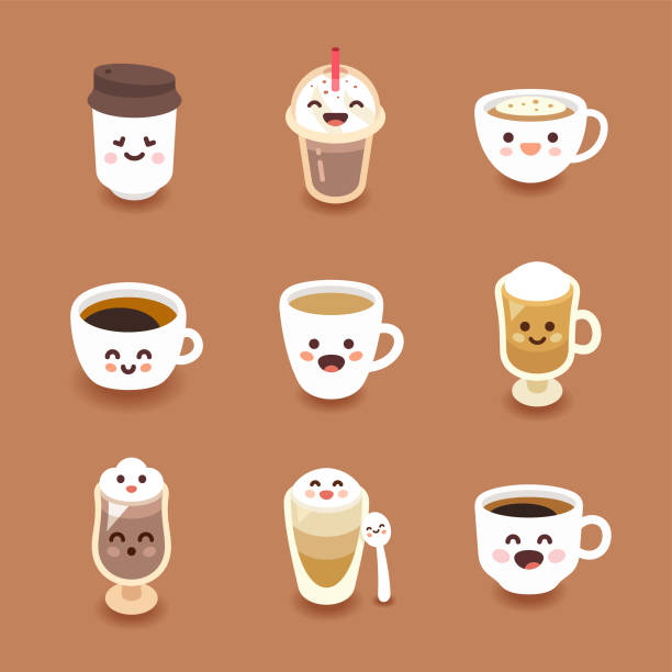 ilustraciones, imágenes clip art, dibujos animados e iconos de stock de conjunto de ilustraciones vectoriales de bebidas de café al estilo kawaii - coffee cafe latté cup