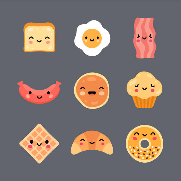 illustrations, cliparts, dessins animés et icônes de ensemble d’icône scindant d’aliments de petit déjeuner de modèle kawaii - waffle sausage breakfast food