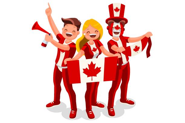 Canada Flag Canadian People Crowd of persons celebrate national day of Canada with a flag. Canadian people celebrating a football team. Soccer symbol and victory celebration. Sports cartoon symbolic flat vector illustration men watching soccer game stock illustrations