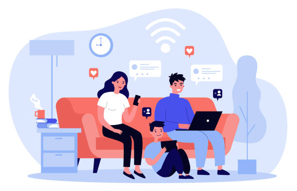 Family suffering from social media addiction Family suffering from social media addiction. Parent and child sitting together at home and using digital devices. Vector illustration for problem, communication, internet concept social media kids stock illustrations