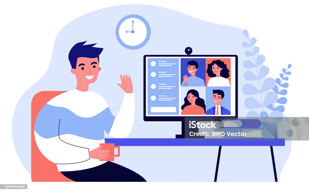 Worker using computer Worker using computer for collective virtual meeting and group video conference. Man at desktop chatting with friends online. Vector illustration for videoconference, remote work, technology concept Internet stock vector