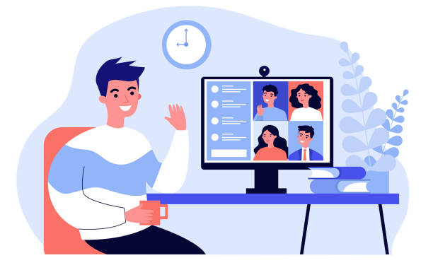 Worker using computer Worker using computer for collective virtual meeting and group video conference. Man at desktop chatting with friends online. Vector illustration for videoconference, remote work, technology concept talking on office phone stock illustrations